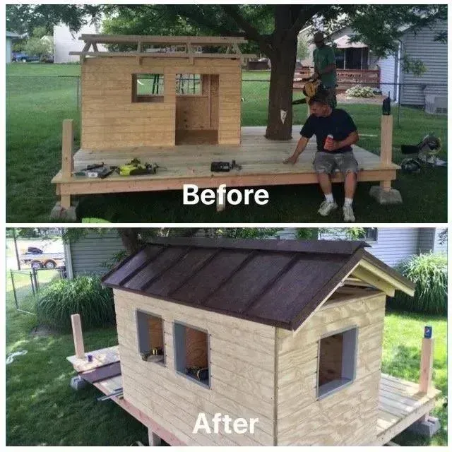 Before-and-after of a small wooden shed transformed from unfinished frame to finished cabin-style structure.