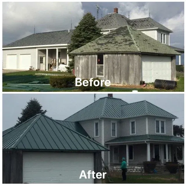 Before-and-after view of a house with a worn roof replaced by a green metal roof.