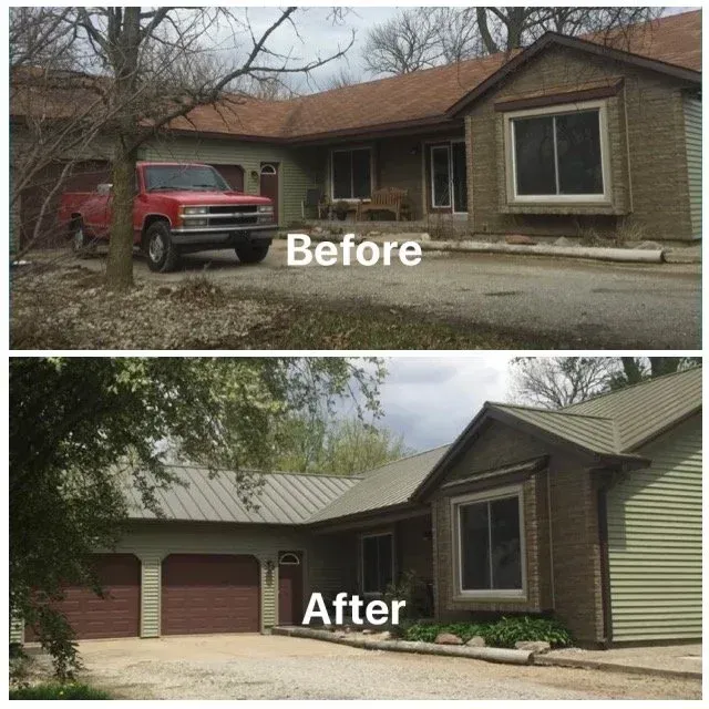 Split view of a house exterior before and after renovation, with new siding, roof, and garage doors.