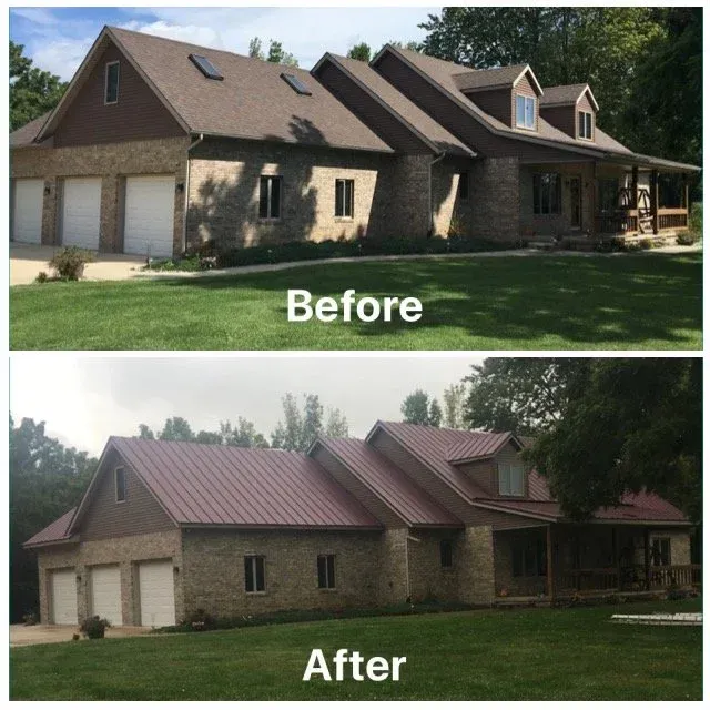 Before-and-after of a house with a roof changed from brown shingles to red metal roofing.