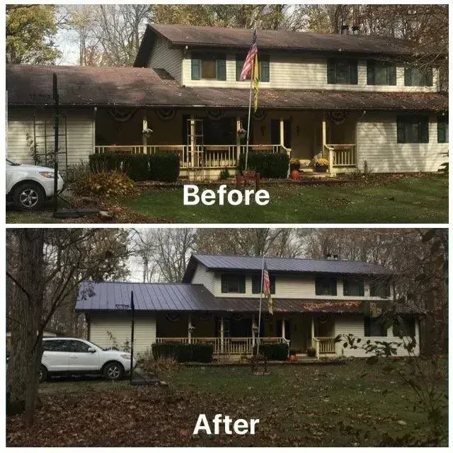 Before-and-after of a house exterior: old brown roof, then updated gray roof and porch.
