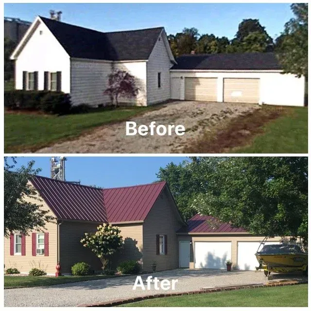 Before-and-after of a house exterior remodel, showing new roof, siding, and driveway improvements.