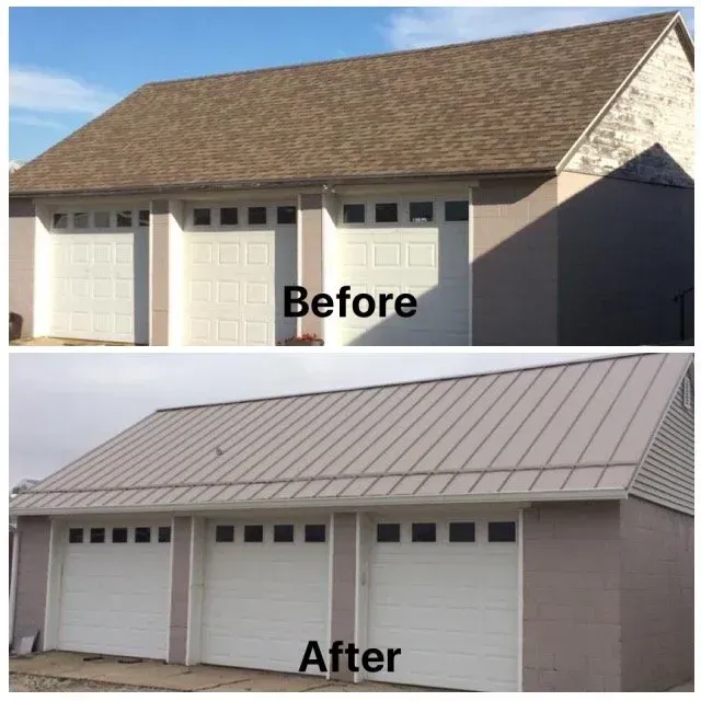 Before-and-after of a house with a new metal roof replacing the old shingle roof.