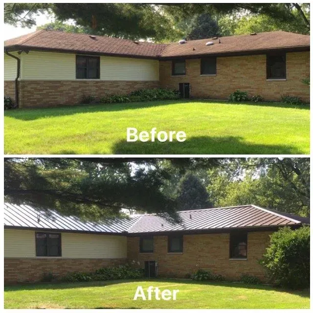 Before-and-after view of a house roof replacement, showing brown shingles changed to dark metal roofing.