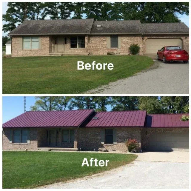 Before-and-after of a single-story house: old brown roof replaced with a red metal roof and updated front facade.