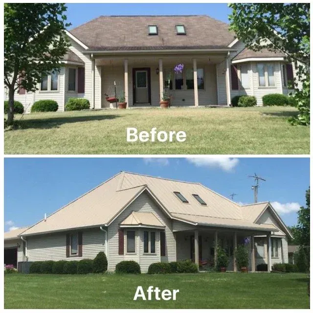 Before-and-after exterior view of a house renovation, showing updated roof, siding, and porch.