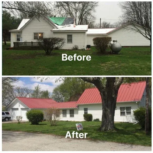 Before-and-after view of a house roof repair, showing damaged gray roof replaced with red metal roofing.