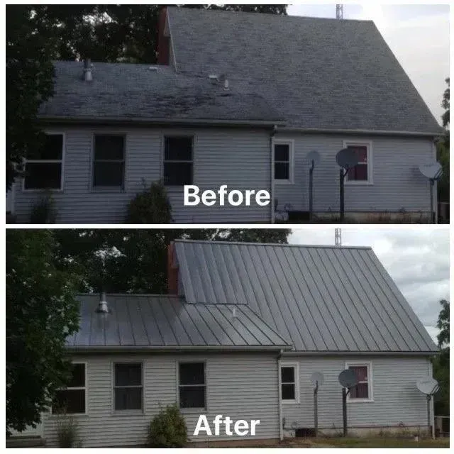 Before-and-after photo of a house roof replacement, showing old dark shingles above and new metal roofing below.