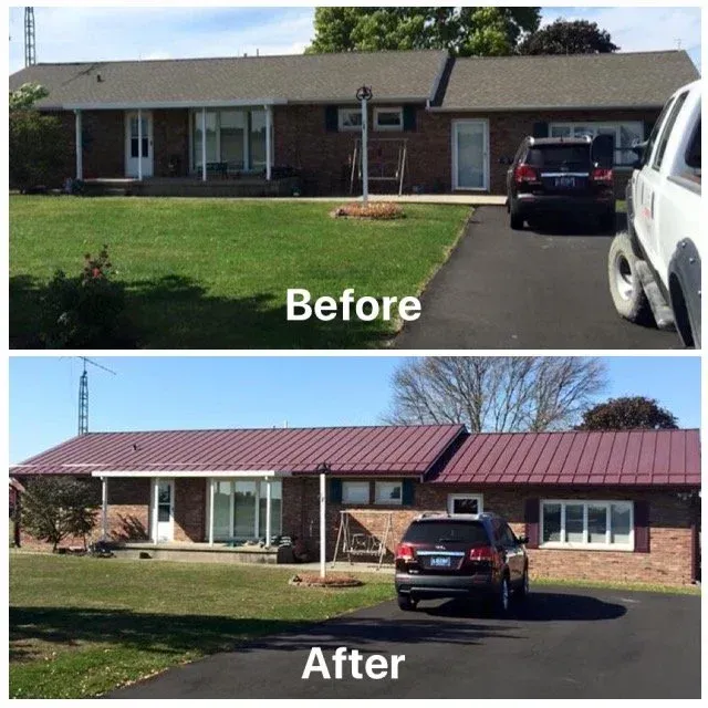 Before-and-after of a house exterior with a red metal roof and driveway renovations.