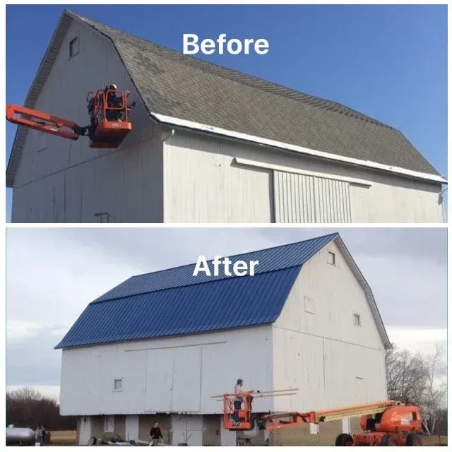Before-and-after view of a barn roof being repainted from gray to blue with a lift.