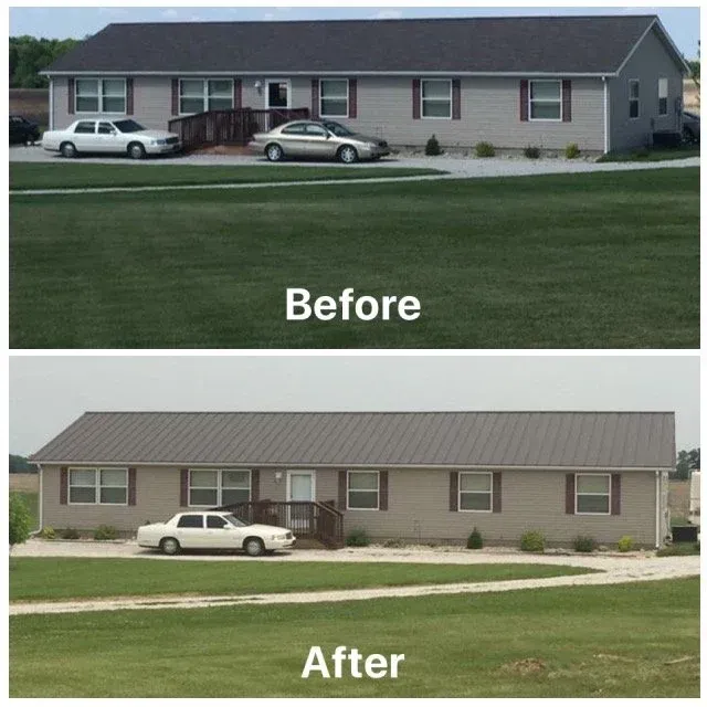 Before-and-after of a house exterior with new beige siding and roof; two cars parked in front.