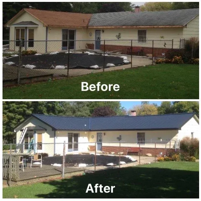 Split before-and-after view of a house exterior with a new dark roof and landscaping changes.