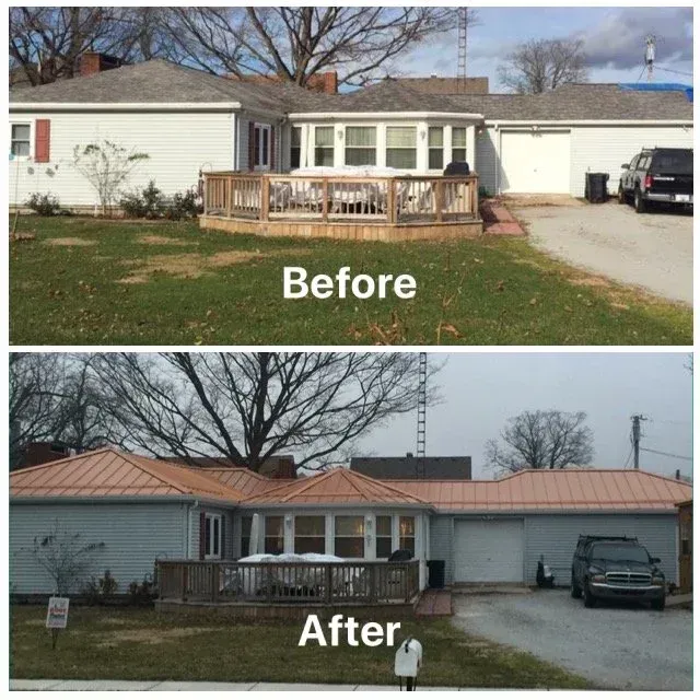 Before-and-after of a house exterior renovation, showing a new roof and updated front porch.