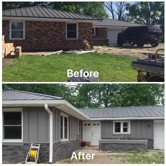 Before-and-after of a house exterior renovation, changing from brick to gray siding with white trim.