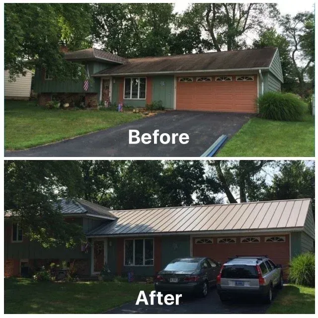 Before-and-after of a house exterior: old brown roof and bare driveway replaced with metal roof and two cars.
