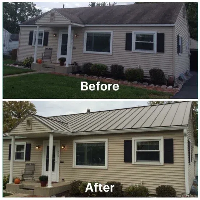 Before-and-after of a house exterior renovation, showing a new metal roof and updated siding.