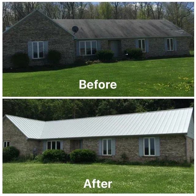 Before-and-after of a brick house roof replacement, with a dark shingled roof changed to a white metal roof.