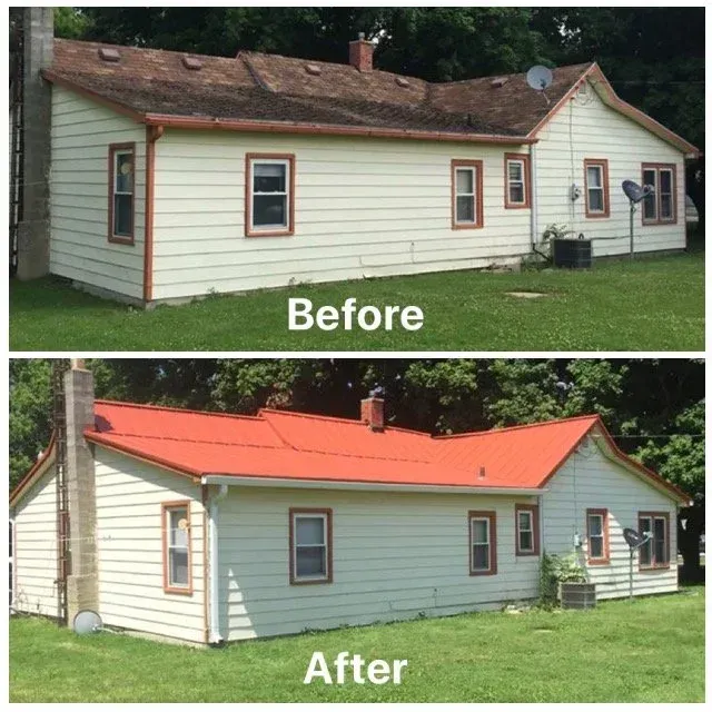 Before-and-after of a house with a new red roof and freshly painted exterior siding.