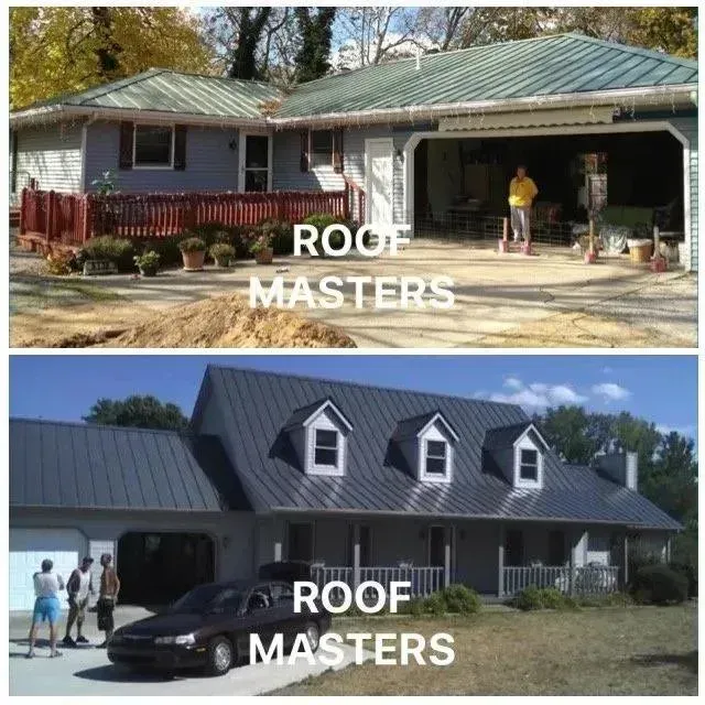 Before-and-after roof replacement on a house, labeled “ROOF MASTERS” in both panels.