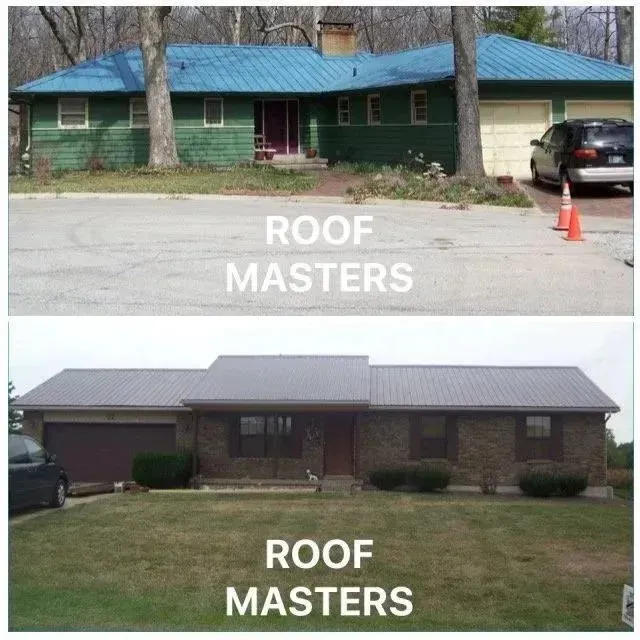 Before-and-after roof replacement on a house, with