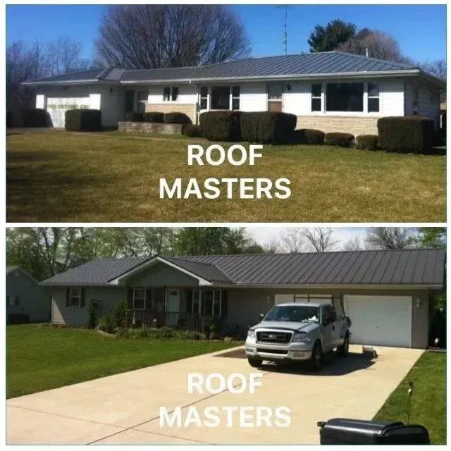 Two photos of a suburban house before and after a new roof, labeled “ROOF MASTERS.”