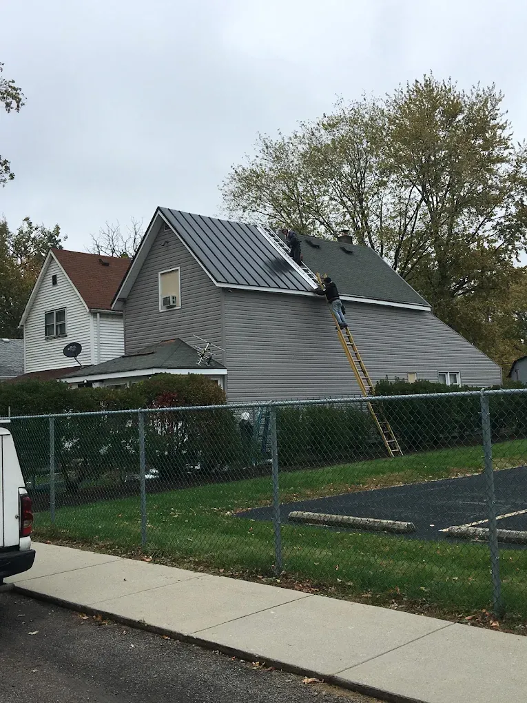 Dark gray shingled roof with a skylight under a cloudy sky, trees in the background