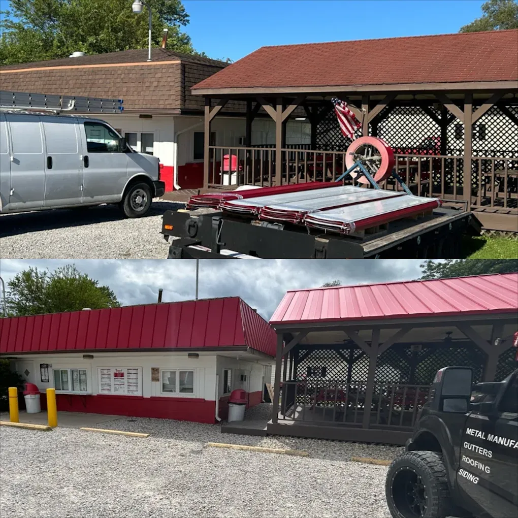 Metal workshop under construction with open bay, tools and materials scattered outside.