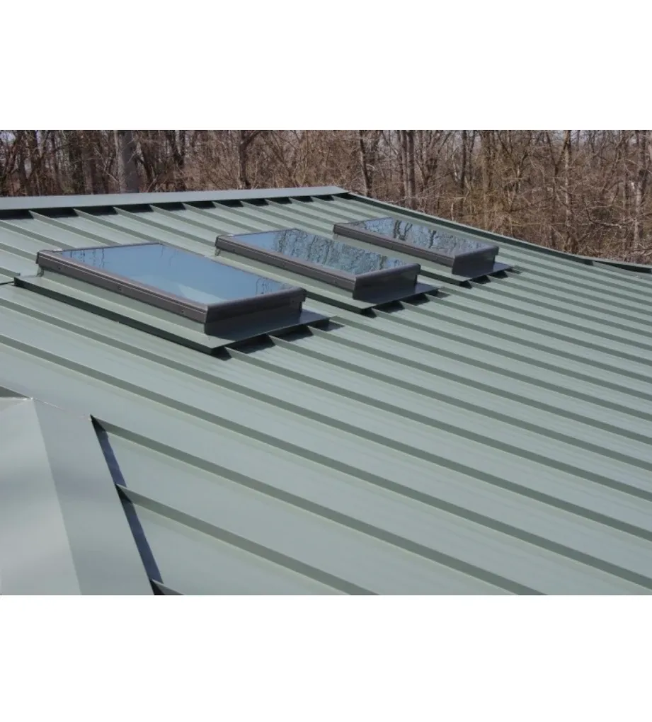 Dark gray shingled roof with a skylight under a cloudy sky, trees in the background