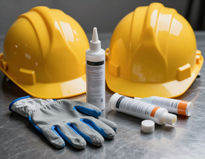 Dos cascos amarillos, guantes de seguridad y tubos de adhesivo sobre una superficie de trabajo.