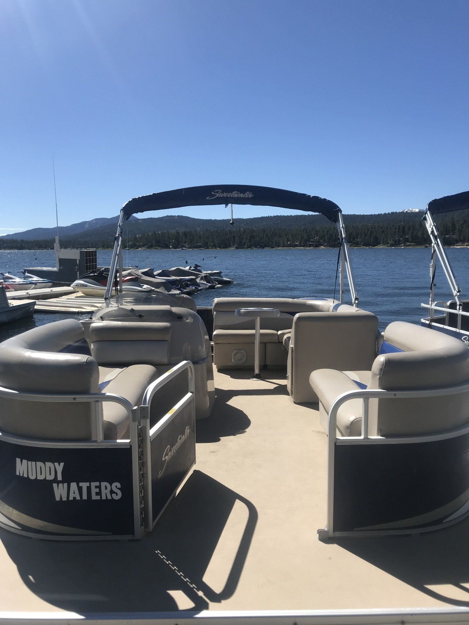 black and tan pontoon boat rental in Big Bear Lake