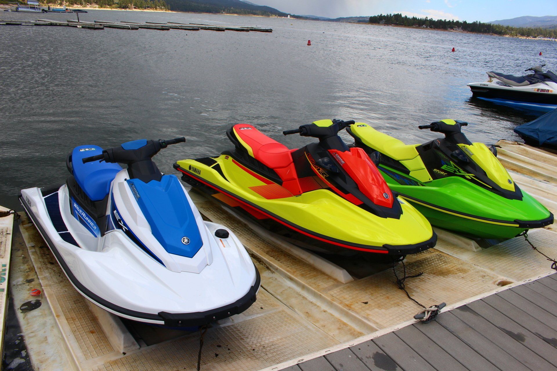 3 colorful jet skis in Big Bear Lake