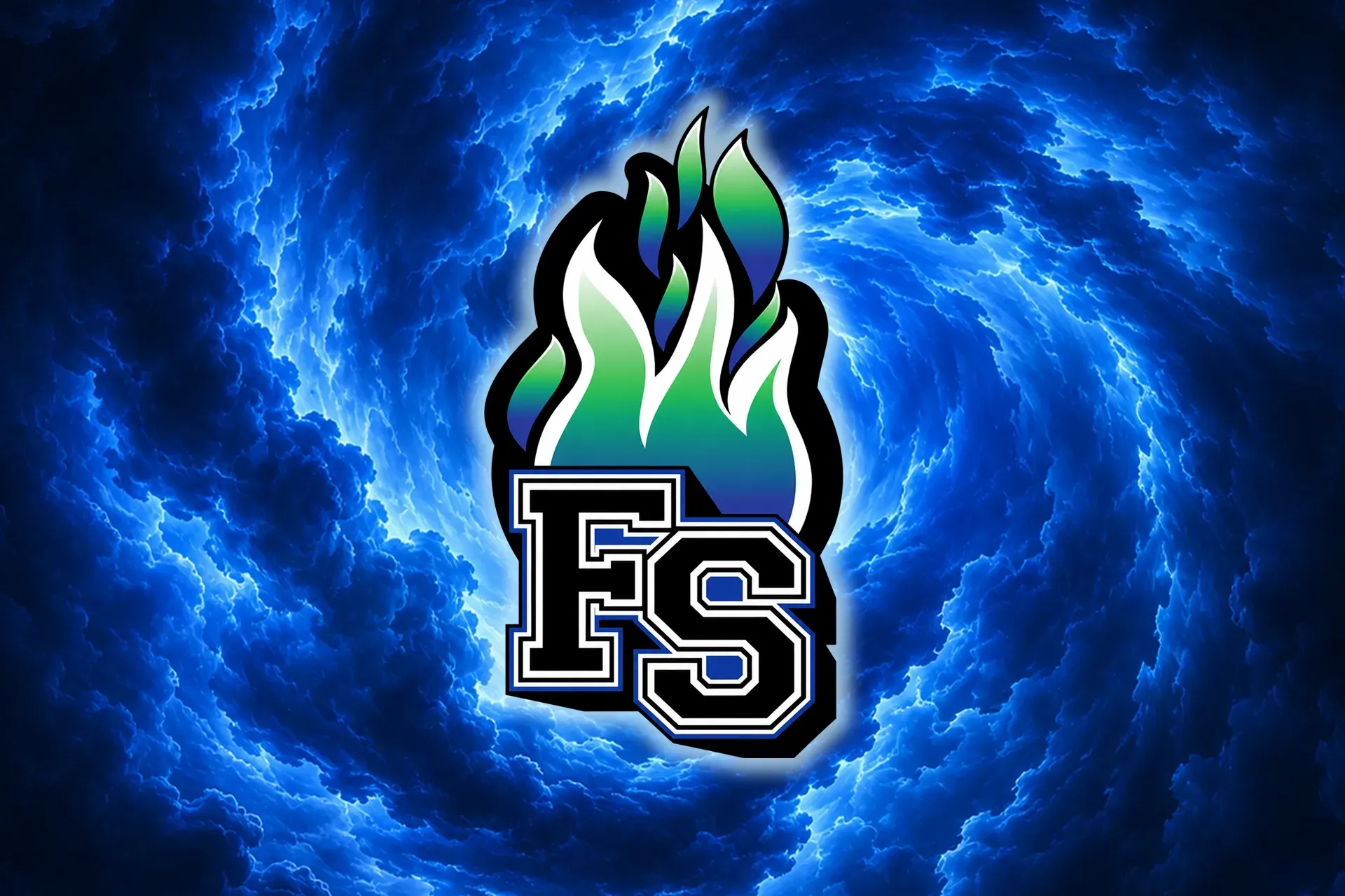 FS logo with green flame over blue swirling energy background