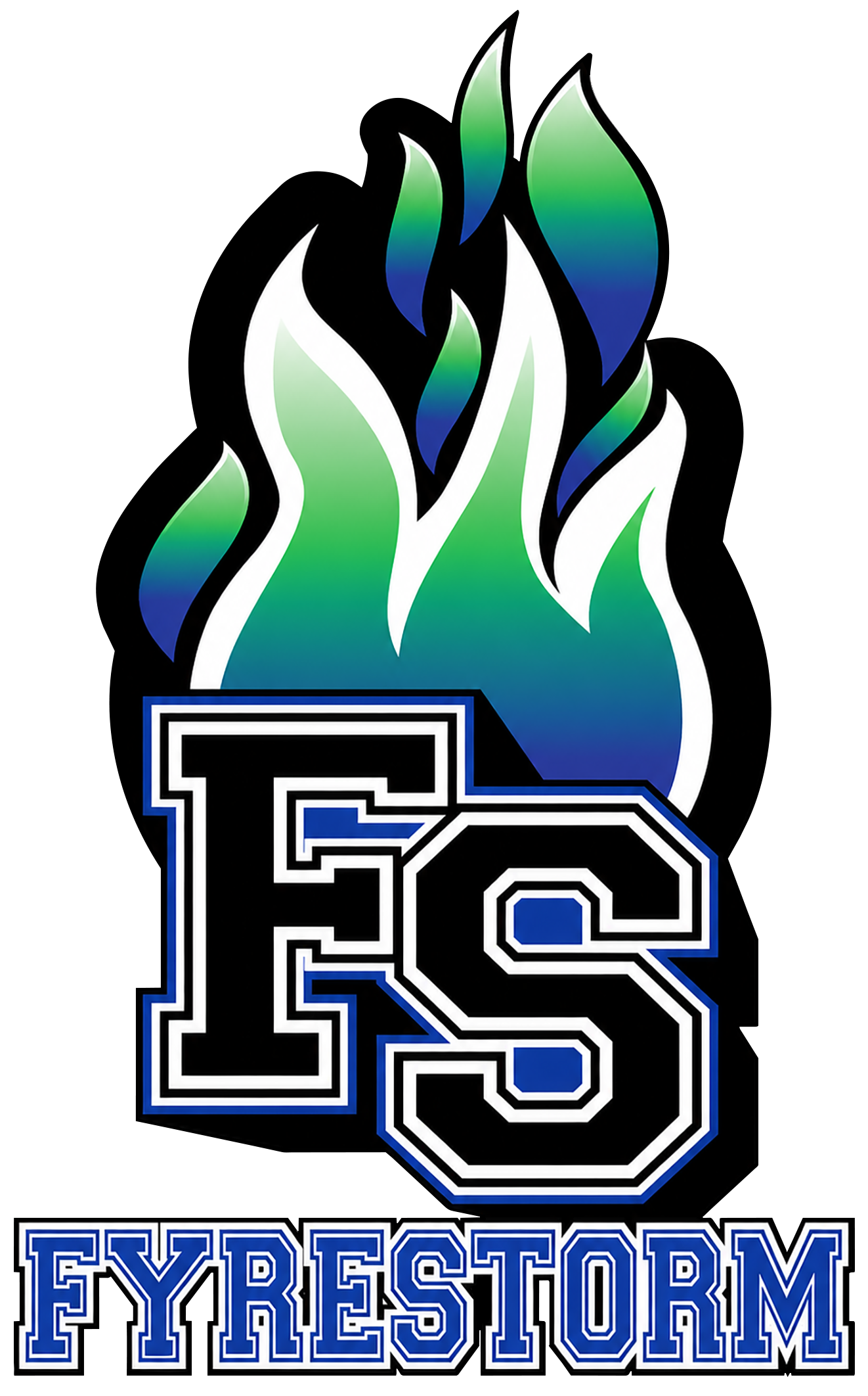FYRESTORM logo with blue, black, and green flames above the letters FS