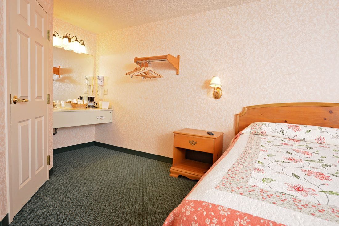 A hotel room with a bed and a sink