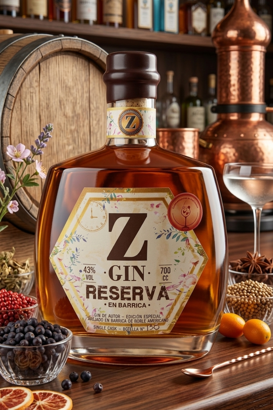 Botella de Z Gin Reserva sobre una mesa rústica con bayas, cítricos y utensilios de bar de cobre.