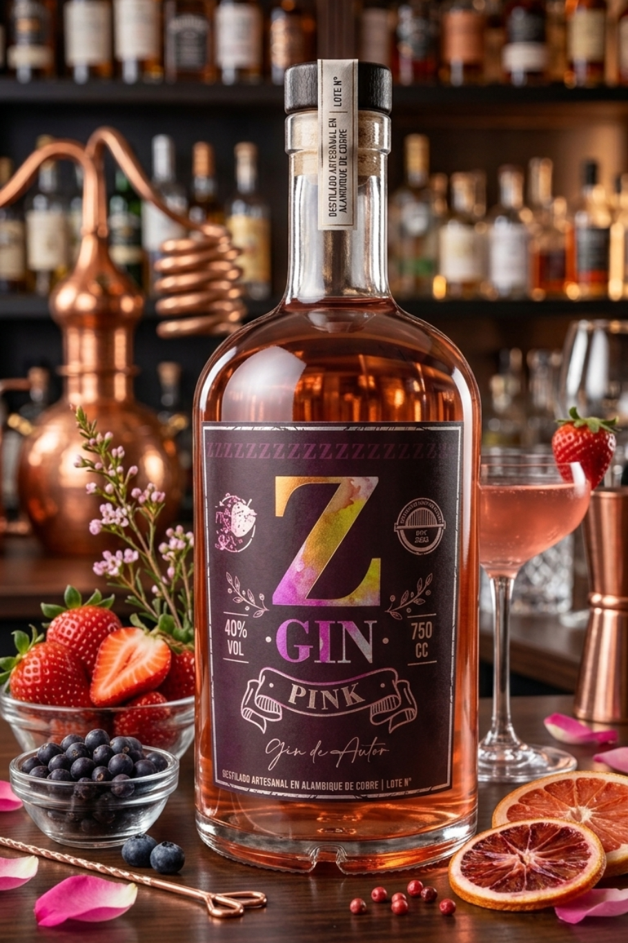 Botella de ginebra Z en una barra con fresas, frutos rojos, rodajas de cítricos y utensilios de coctelería de cobre.