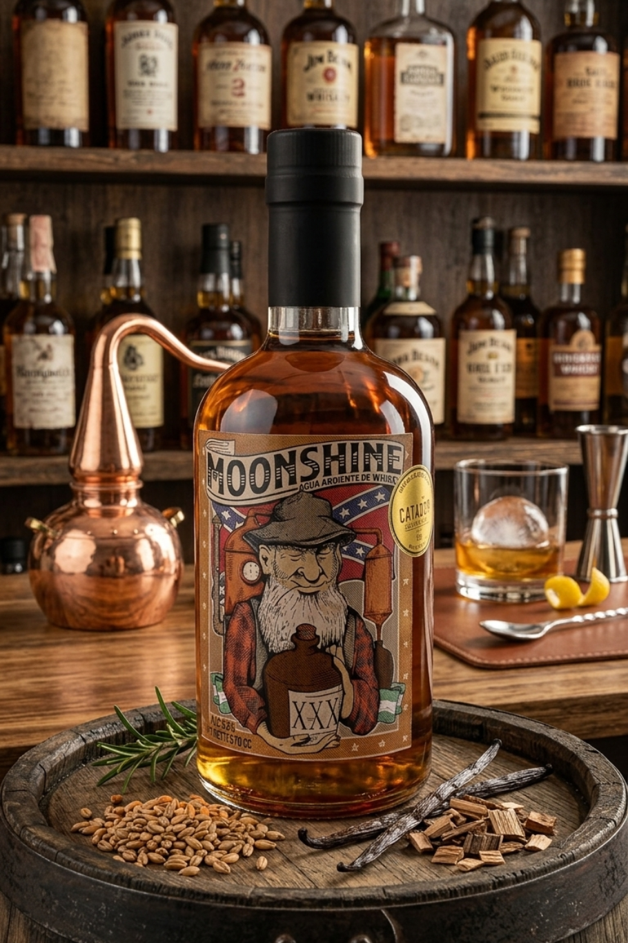 Botella de aguardiente sobre una mesa de madera en una destilería, con alambique de cobre y botellas de whisky detrás.