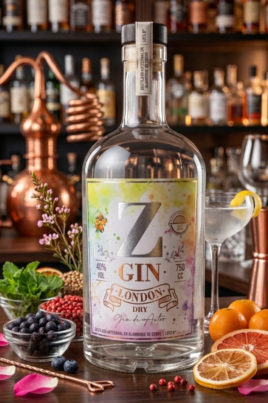 Botella de ginebra con cítricos y frutos rojos sobre la barra de un bar