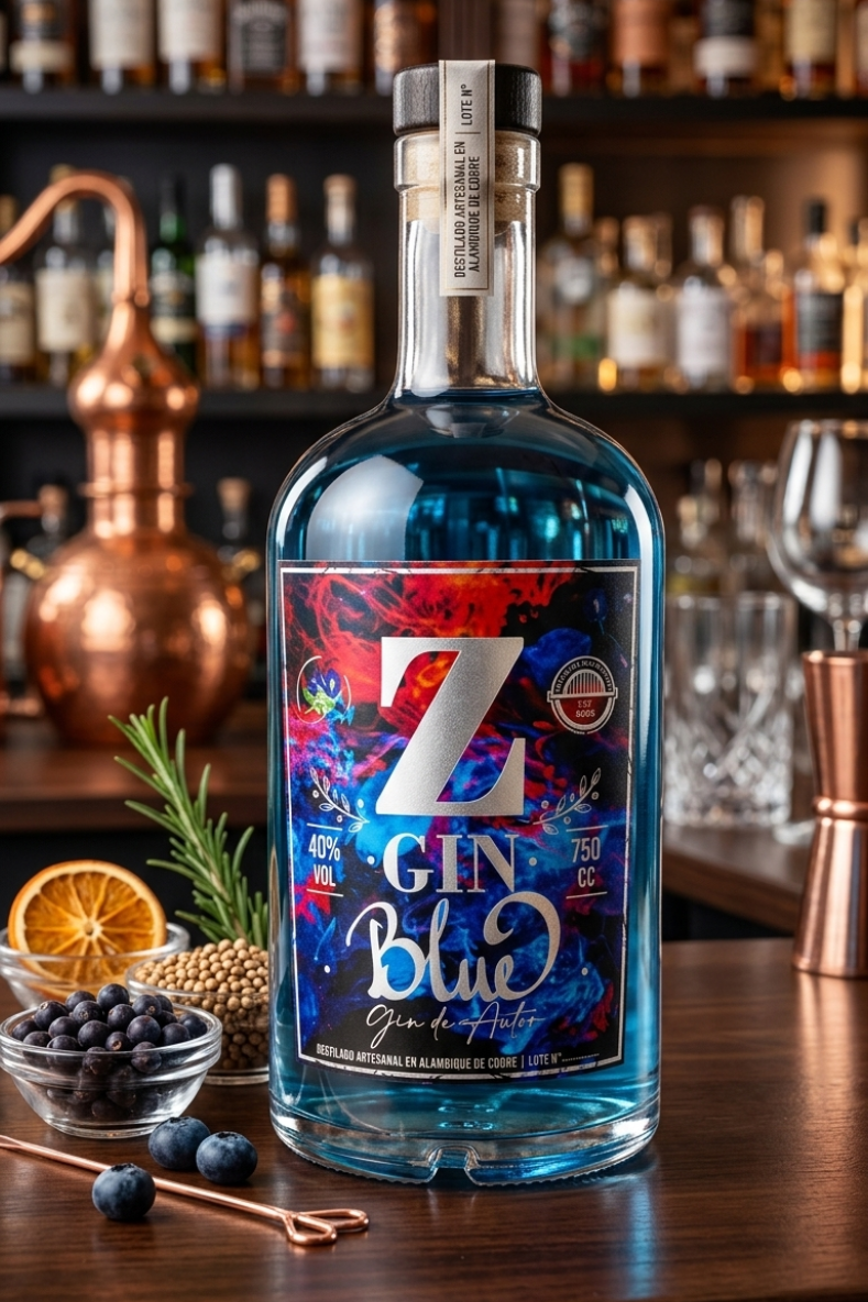 Botella de ginebra azul con etiqueta colorida sobre la barra de un bar, adornada con una rodaja de naranja, bayas y romero.