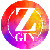 Logotipo circular colorido de Z GIN con una gran Z blanca sobre un fondo rosa, naranja y morado.
