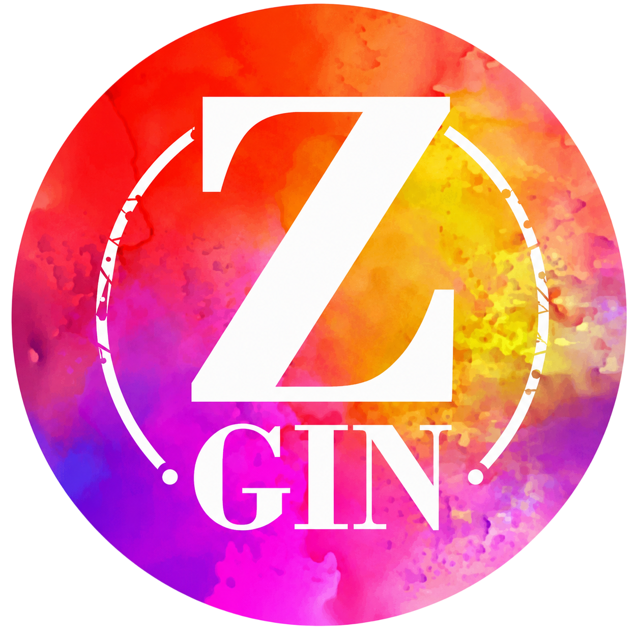 Logotipo circular colorido de Z GIN con una gran Z blanca sobre un fondo rosa, naranja y morado.