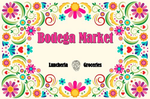 The bodega market logo is surrounded by colorful flowers and swirls