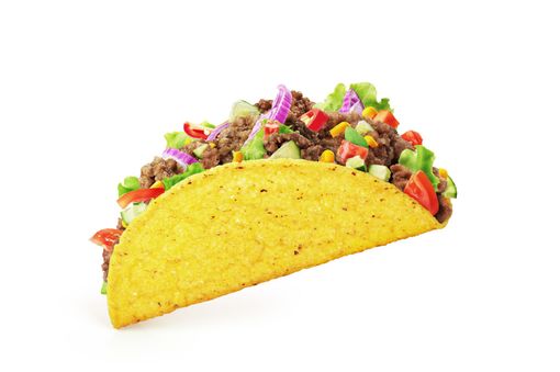 A taco with meat and vegetables on a white background.