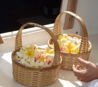 Two wicker baskets filled with white and yellow flower petals on a windowsill, with a hand reaching in.