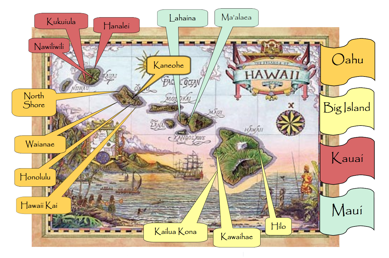 Illustrated map of Hawaii with labeled islands, arrows, landmarks, and a surfboard-themed design.