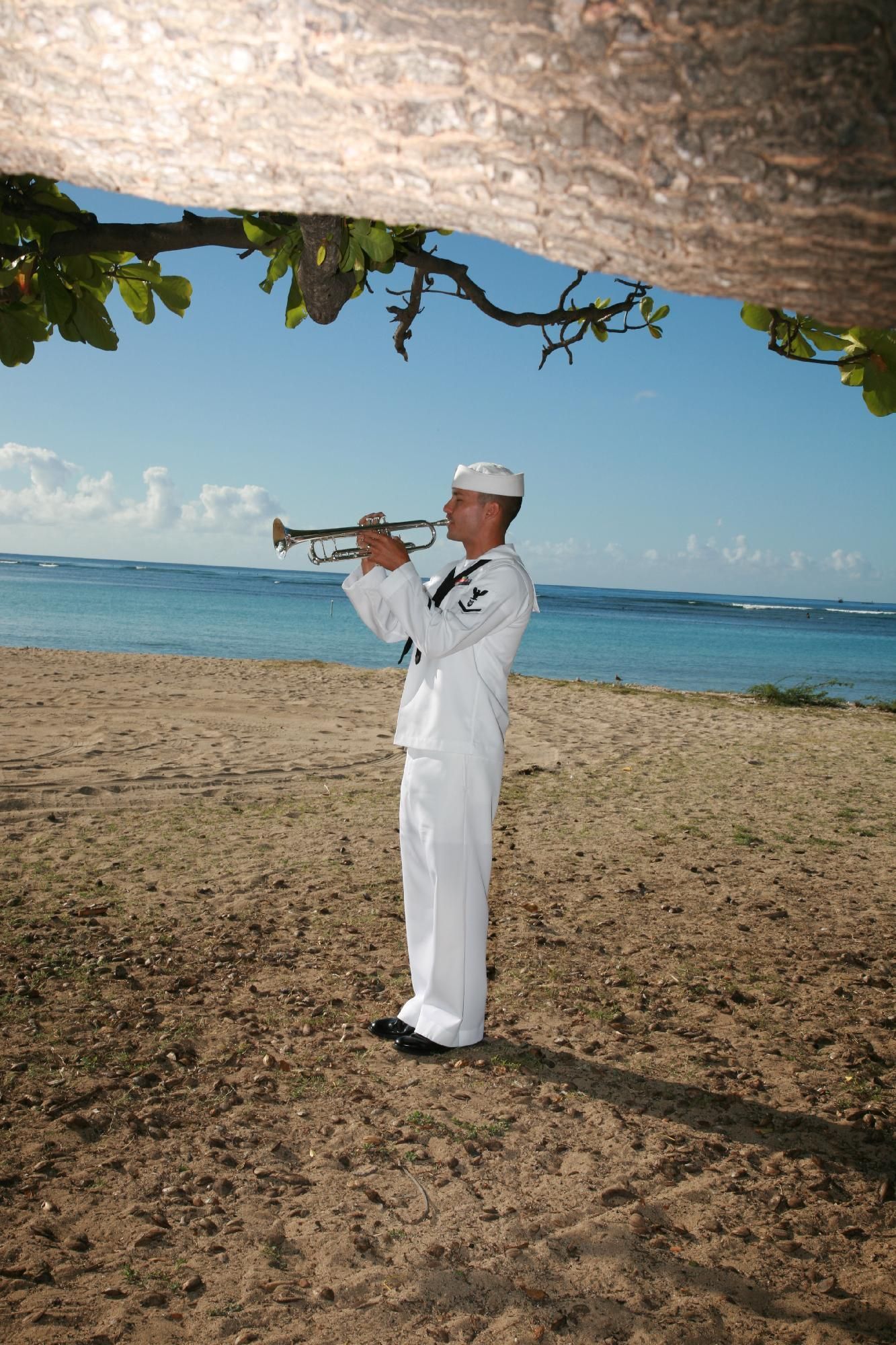 Man in white uniform playing trumpet on a beach under a palm tree, with ocean in the background