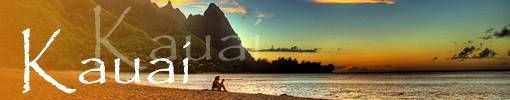 Kauai sunset beach scene with palm trees, ocean, and a sailboat at the horizon