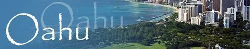 Oahu skyline and turquoise coastline with the word “Oahu” overlaid on a blue banner