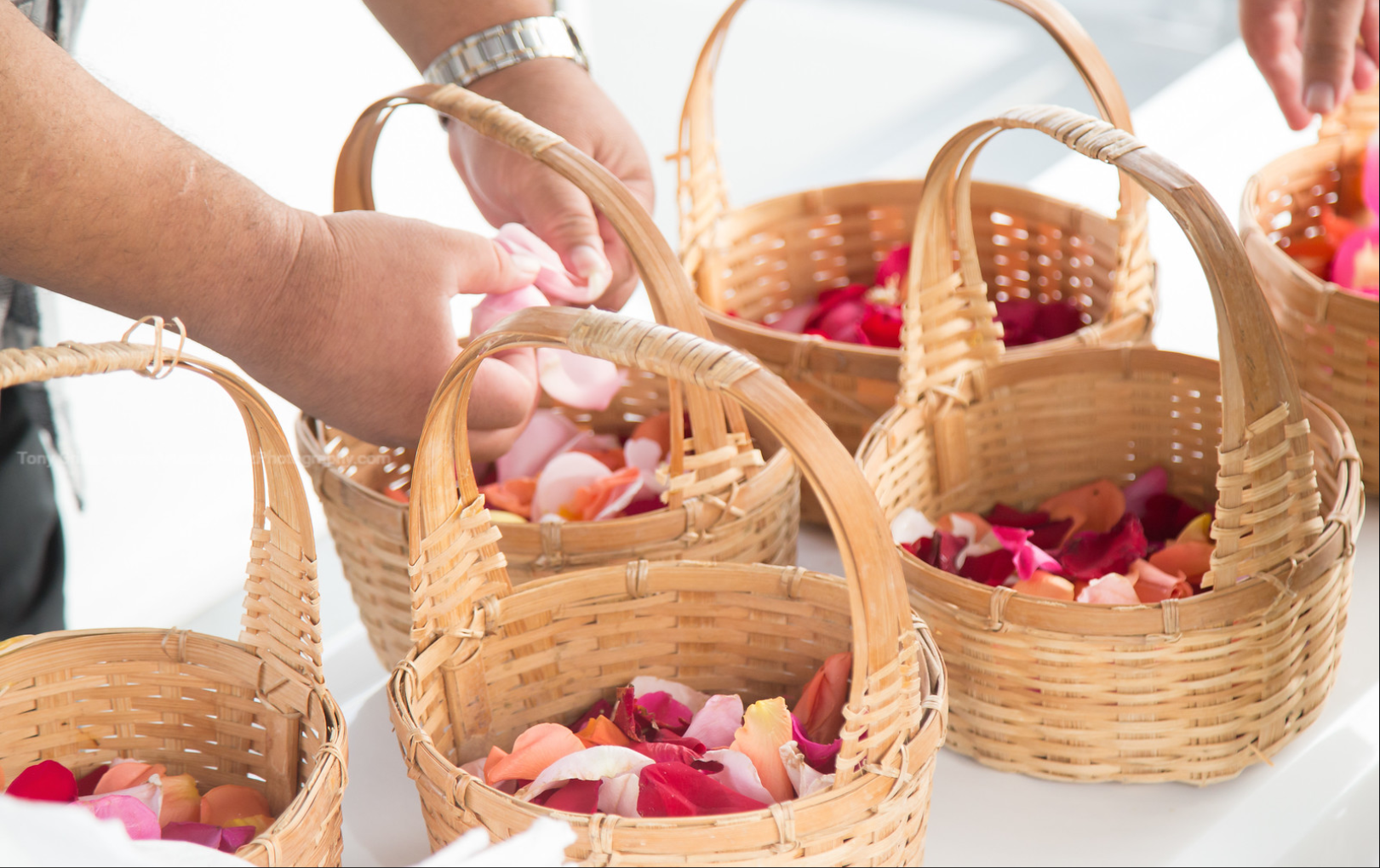 Hands filling wicker baskets with colorful flower petals on a white table