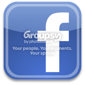 Blue Groupsy app icon with a white Facebook-style “f” and the words “Groupsy by photoweb” and “Your people. Your moments. Your space.”